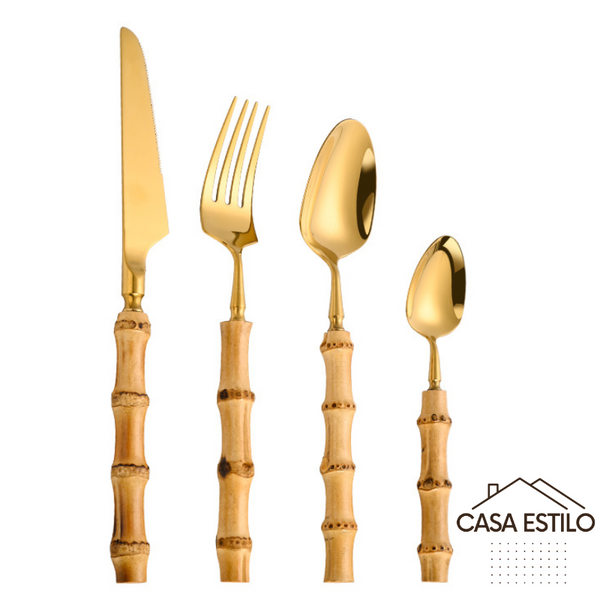 Faqueiro Bambu Real  Casa Estilo®- 4 Peças Dourado