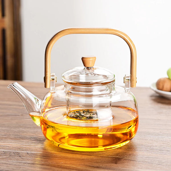 Chaleira de Vidro 1L com Infusor – Vai ao Fogo, Design com Alça de Madeira